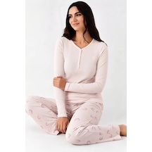 Pierre Cardin V Yaka Düğmeli Modal Kadın Pijama Takımı Toz Pembe