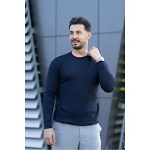 Hk Premium Triko Kazak Fitilli Slim Fit Bisiklet Yaka Likralı Kışlık Sweatshirt Lacivert