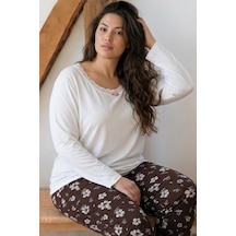 Siyah İnci Desenli Büyük Beden Battal Boy Viskon Örme Pijama Takım 26224814 Ekru