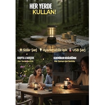 Usb + Solar Güneş Enerjili Kamp Lambası Led Kamp Feneri Ayarlanabilir Işık Balkon Dekorasyonu Siyah