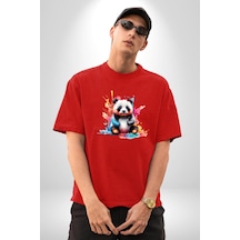 Renkli Yavru Panda Pamuklu Bisiklet Yaka Unisex Oversize Boyfriend Dijital Baskılı Kırmızı T-shirt Kırmızı