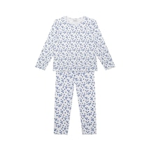 Antebies Organik Beyaz Yabanmersini Desenli Jakarlı Beli Lastikli Uzun Kollu Kız Çocuk Pijama Takımı Mavi