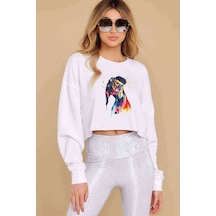 Watercolor Puppy Baskılı Crop Kadın Beyaz Sweatshirt