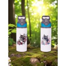 Çiçekli Kedi Baskılı 2'li Pipetli Matara Suluk 650 Ml Beyaz