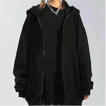 Basic Düz Hırka - Siyah Oversize Kapüşonlu Siyah