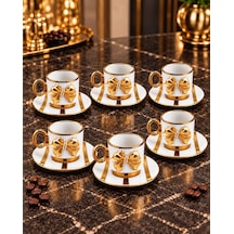 Valkyrie Petek Serisi 6 Kişilik 12 Parça Beyaz Gold Detaylı Türk Kahvesi Fincan Seti Porselen 90ml Beyaz Altın