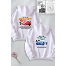 Macklin Sevgili Çift Kombin Şimşek Mcqueen Ve Sally Yarış Sırt Baskılı Kapüşonlu Sweatshirt 2li Takım Beyaz Mck1470 Beyaz