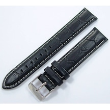 Bizon Deri Saat Kayışı 20Mm Xl Uzun Siyah Saat Kordonu Beyaz Diki