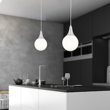 Damla Tekli Krom Beyaz Camlı 2Li Modern Sarkıt Mutfak Salon Avize  Seti