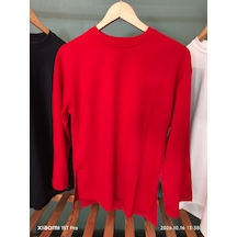 Trendall Kırmızı Renk Yırtmaç Detaylı Uzun Kollu Bisiklet Yaka Tshirt