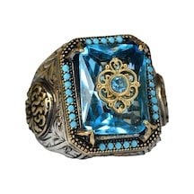 Erkekler İçin 925 Ayar Gümüş Yüzük Mavi Topaz Yapay Taşlı Gümüş