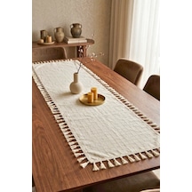 %100 Pamuk Püsküllü Runner 40x110 Cm Bohem Otantik Kare Desen Dantel Detay Masa Örtüsü Premium Bej