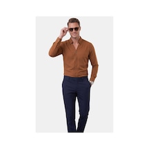 Deepsea Açık Kahve Slim Fit Kolay Ütülenebilir Açık Dik Yaka Likralı Erkek Gömlek 2602615 Açık Kahverengi