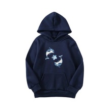 Unisex Oversize Şardonlu Kışlık İkili Yunusbalığı Baskılı Kapüşonlu Sweatshirt - Lacivert Lacivert