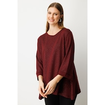 On Kadın Büyük Beden Kumaşı Simli Rahat Kalıp Bluz 61393 Bordo Bordo