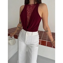 Yıldız Kadın Dantel Detaylı Derin Dekolte Body Şık Kolsuz Yazlık Bodysuit - Bordo