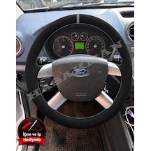 Ford Fusion Dikme Direksiyon Kılıfı Full Alcantara Süet Gri Yüzük Ve Gri Dikiş 2006-2012 Siyah