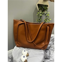 Lovelystore Fermuarlı Büyük Boy Yumuşak Derili Kadın Çanta 28x42 Taba