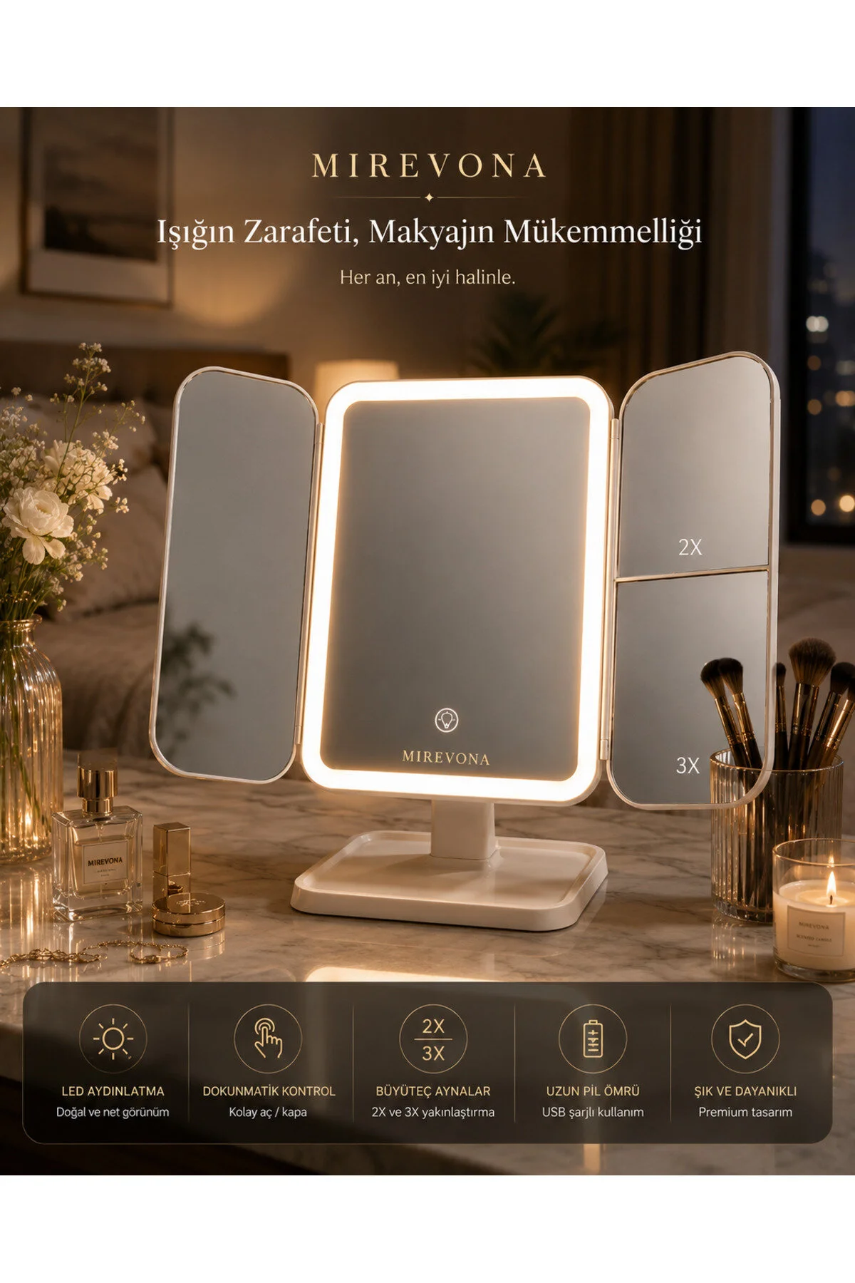 Katlanabilir 3x Zoom Led Işıklı Usb Şarjlı Taşınabilir Makyaj Aynası Beyaz