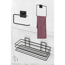 Atacı Paslanmaz 3'lü Set Yapışkanlı Banyo Düzenleyci Duşakabin Şampuanlk Banyo Rafı Wc Kağıtlık Ve Havlu Siyah