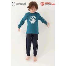 Roly Poly Premium Erkek Çocuk Moon Rahat Kalıp Pamuklu Uzun Kollu Paça Manşetli Pijama Takım Yeşil