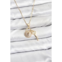 316l Çelik Zincir Gold Renk Kilit Anahtar Model Zirkon Taşlı Kadın Kolye - Özel Seri Bzsurn012155 altın
