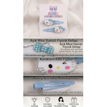 2'li Set Sevimli Kedi Figürlü Simli Fiyonk Detaylı Çıtçıtlı Kız Çocuk Toka Mavi
