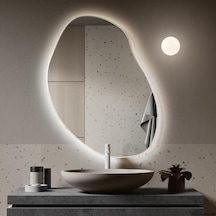 40x52 Cm Asimetrik Led Banyo Aynası Dokunmatik, Dim Edilebilir, 6500k Beyaz Işık Beyaz