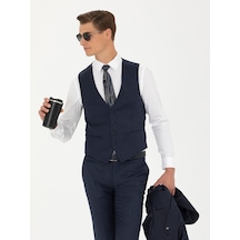 Cacharel Lacivert Slim Fit Yün Karışımlı Çizgili Klasik Yelek