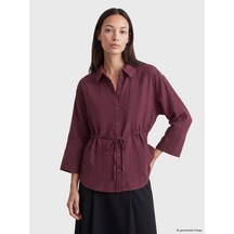 Lcw Everyday Bordo Büzgülü Oversize Müslin Kadın Gömlek