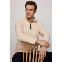 Tudors Erkek Dik Yaka Tüylenme Yapmayan Soğuk Geçirmez Standart Fit Rahat Kesim Bej Polar Sweatshirt-30206-bej Bej