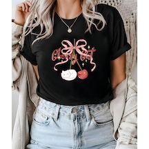 Aselinda Unisex Erkek/kadın Cherry Cat Özel Baskılı Pamuklu Bisiklet Yaka T-shirt Tshirt Siyah