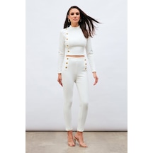 Sateen Düğme Detaylı Pantolon - Ekru-132978 Ekru