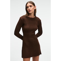 Grimelange ENCANTO Kadın Yuvarlak Yaka Çizgi Desenli Slim Fit Kahverengi Elbise