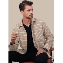 Bej Beyaz Çizgili Oversize Geniş Kalıp Hediye Kutulu Gömlek 001