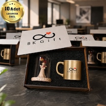 Logonuza Özel 10 Adet Kutulu Gold Fincan Ve Aşk Perisi Fanus Seti Ahşap Kutulu Kurumsal Hediye Seti