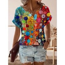 Kadın Kısa Kollu V Yakalı Desenli Süprem Bluz Desenli