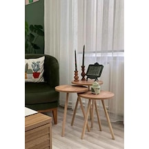 3'lü Zigon Sehpa Seti Saksılık Ve Çiçeklik Standı, Dekoratif Yan Sehpa Ahşap Ayaklı 33 Cm Çap - Atlantik Çam Atlantik Çam