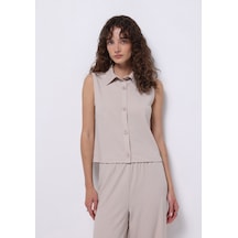 Colins Slim Fit Shirt Neck Düz Kadın Bej Kolsuz Tişört Cl1074279 Q1.v1 Beı Bej