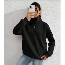 İkales Unisex Uzun Kol Yarım Farmuarlı Yakalı Basic Sweatshirt - Siyah