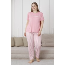 Wordex Mirano 3503 Çizgili Pijamalı Kısa Kollu Büyük Beden Pegasus Kumaş Kadın Pijama Takımı Pembe