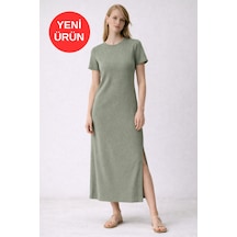 Kadın Bürümcük Kumaş Bisiklet Yaka Kısa Kollu Yırtmaçlı Elbise Haki
