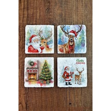 Doğal Taş Bardak Altlığı - Mery Christmast Baskılı 10x10cm Yeni Yıl Stone Coasters 493 Çok Renkli