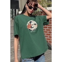 Unisex Kanagawa Oki Nami Ura Baskılı T-shirt Yeşil