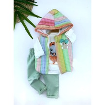 9-12-18-24 Ay Kapşonlu Fermuarlı Gökkuşağı Şişme Yelek Sweat Pantolonlu 3lü Kız Erkek Bebek Takımı Su Yeşili