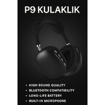 Bay P9 Bluetooth 5.0 Kablosuz Siyah Kulaklık Mikrofonlu Uzun Pil Yüksek Bass Anc Najmaddin