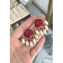İnci Detaylı Bordo Küpe Çok Renkli