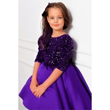 Riccotarz Kız Çocuk Üstü Parıldayan Pulpayet İşlemeli Beli Şerit Ve Fiyonk Detaylı Mor Elbise 001