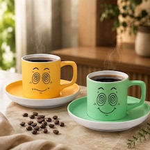 Bk Gift 2'li Sarı Ve Yeşil Renkli Emoji Yüz Tasarımlı Seramik Türk Kahvesi Fincanı Takımı-1 Çok Renkli