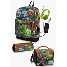 Coral High Kids Siyah Gri Dinozor Desenli Usb'li 3 Lü Okul Çanta Seti Set0123844 Çok Renkli